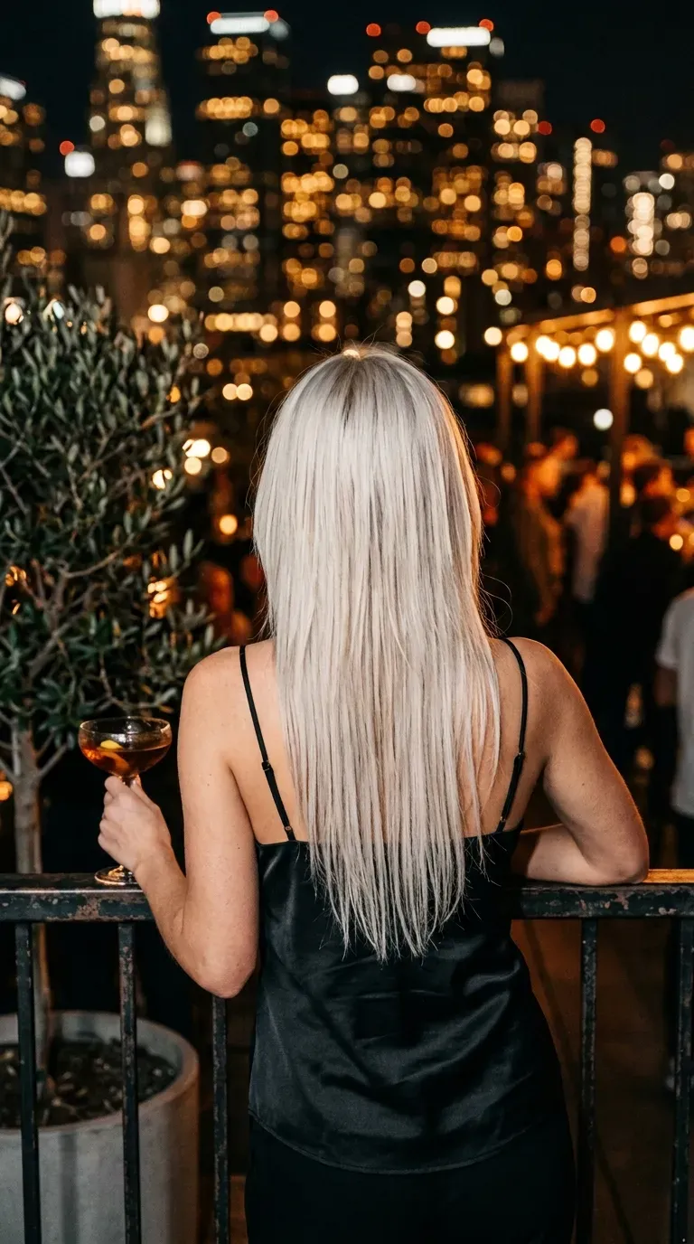 Platinum long hair with disconnected shorter top layer seen from behind on rooftop