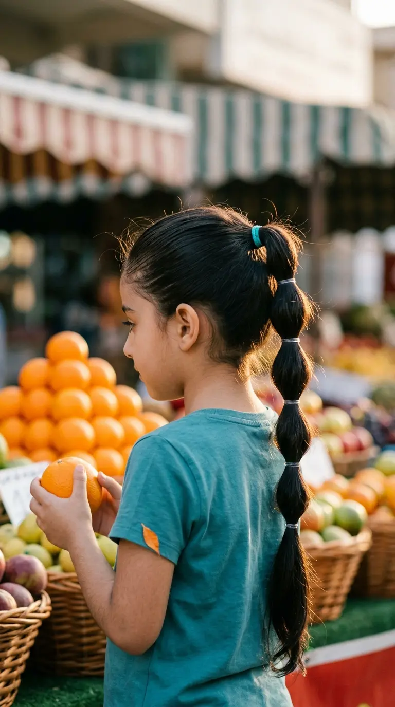 Disney princess hairstyles for kids example, a girl with a Jasmine inspired bubble ponytail at a market