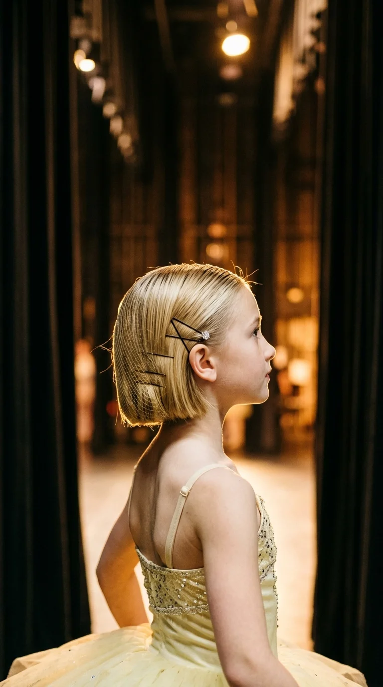 Side profile of a dancer with a large smooth donut bun at the crown in a dressing room