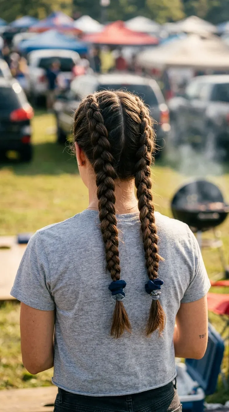Two tight boxer braids on a woman playing games at a tailgate