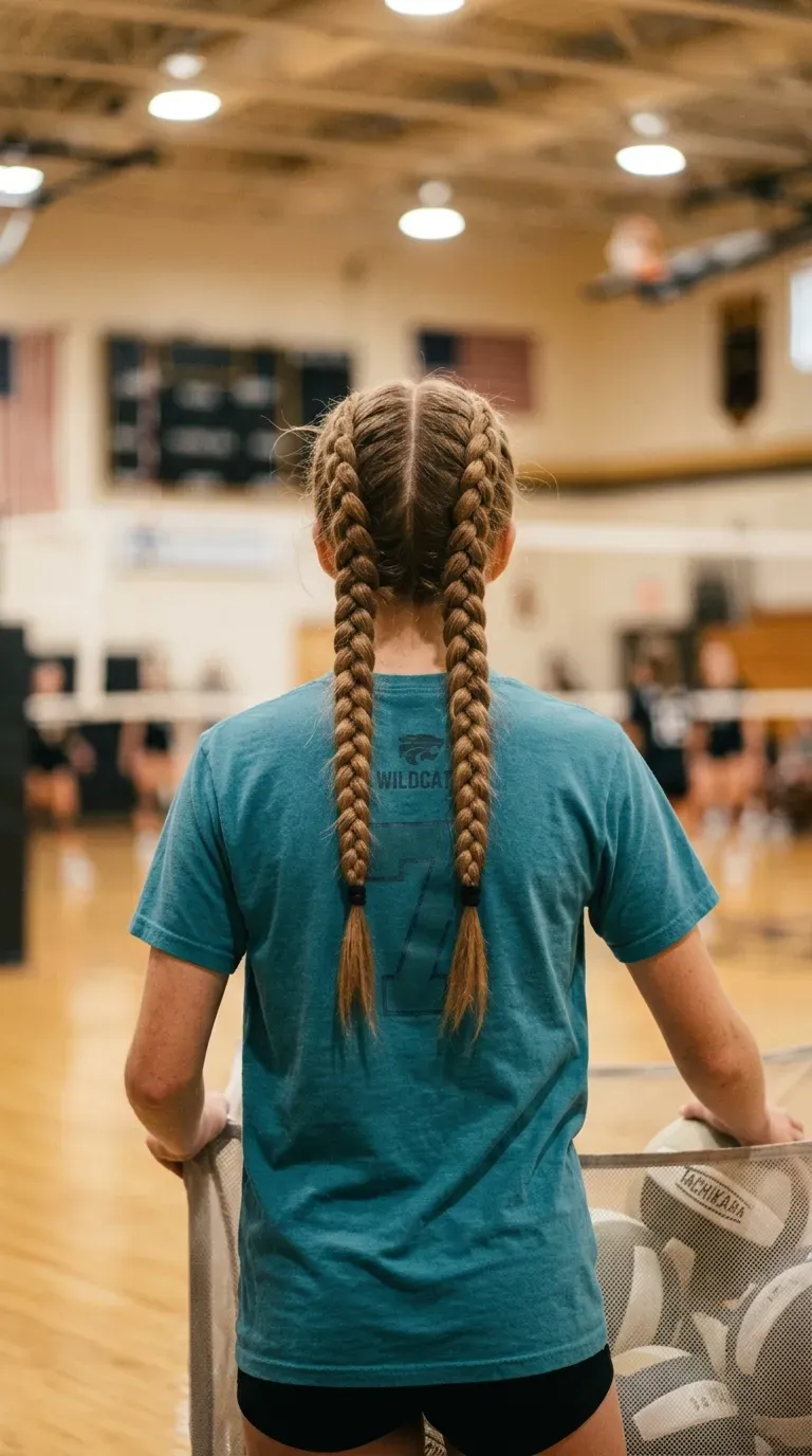 Double Dutch boxer braids with doubled elastics on a volleyball player at practice