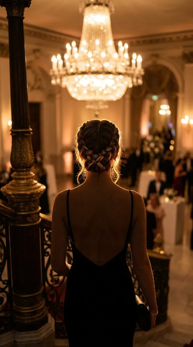 Back view of a low double Dutch braid crown with a velvet gown