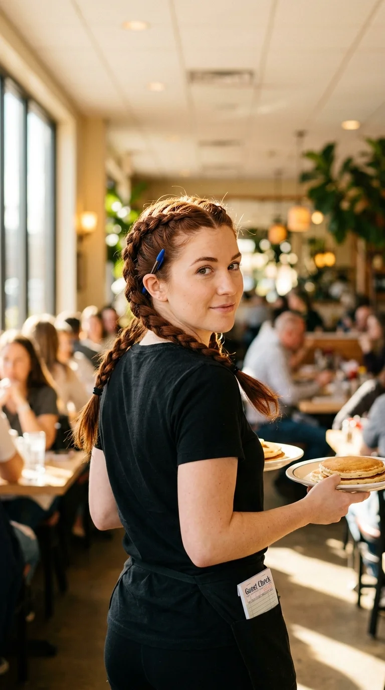 Over the shoulder view of a server with two tight Dutch braids under a black cap