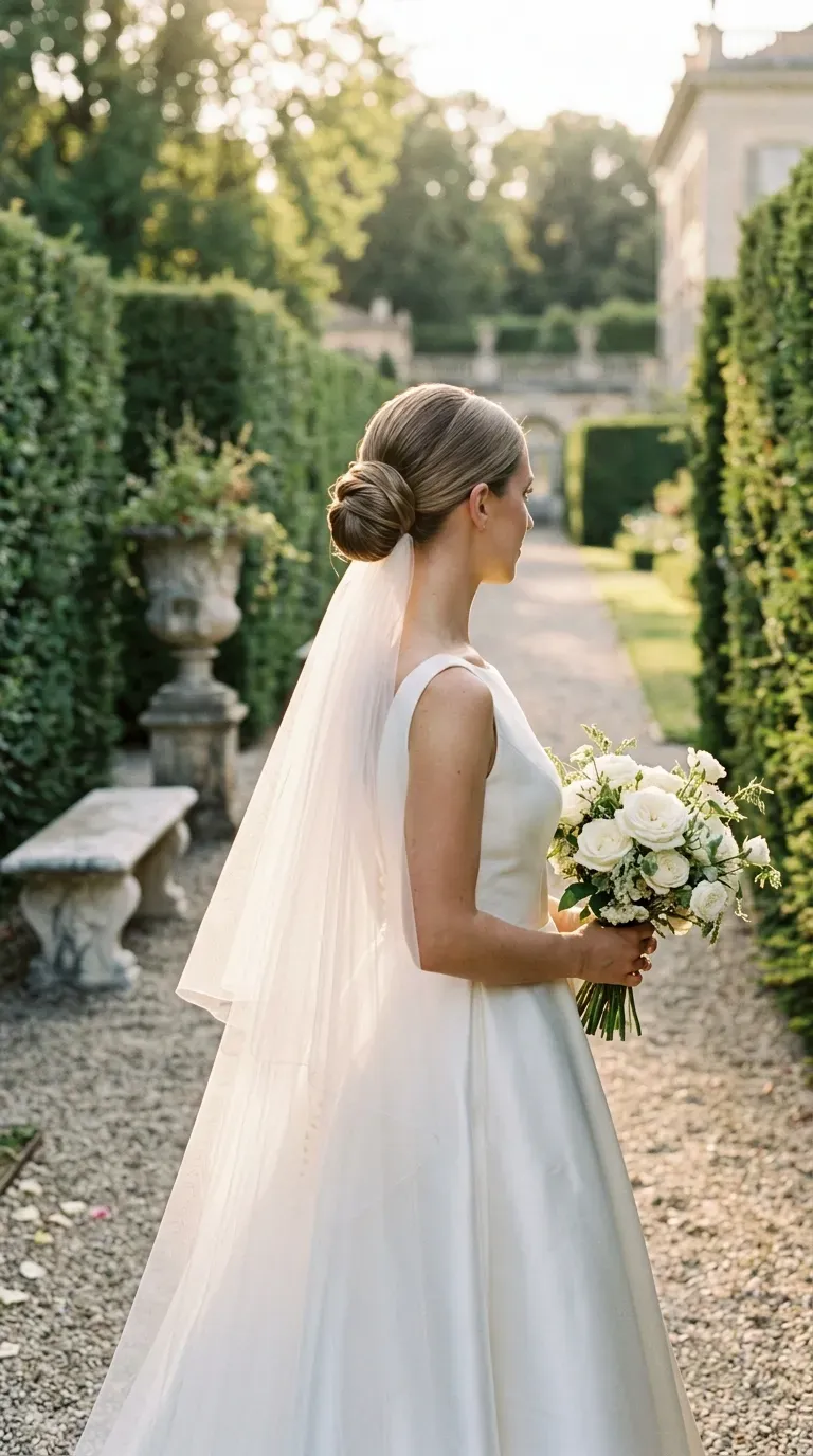 Side profile of a sleek low bun with a double layer cathedral veil