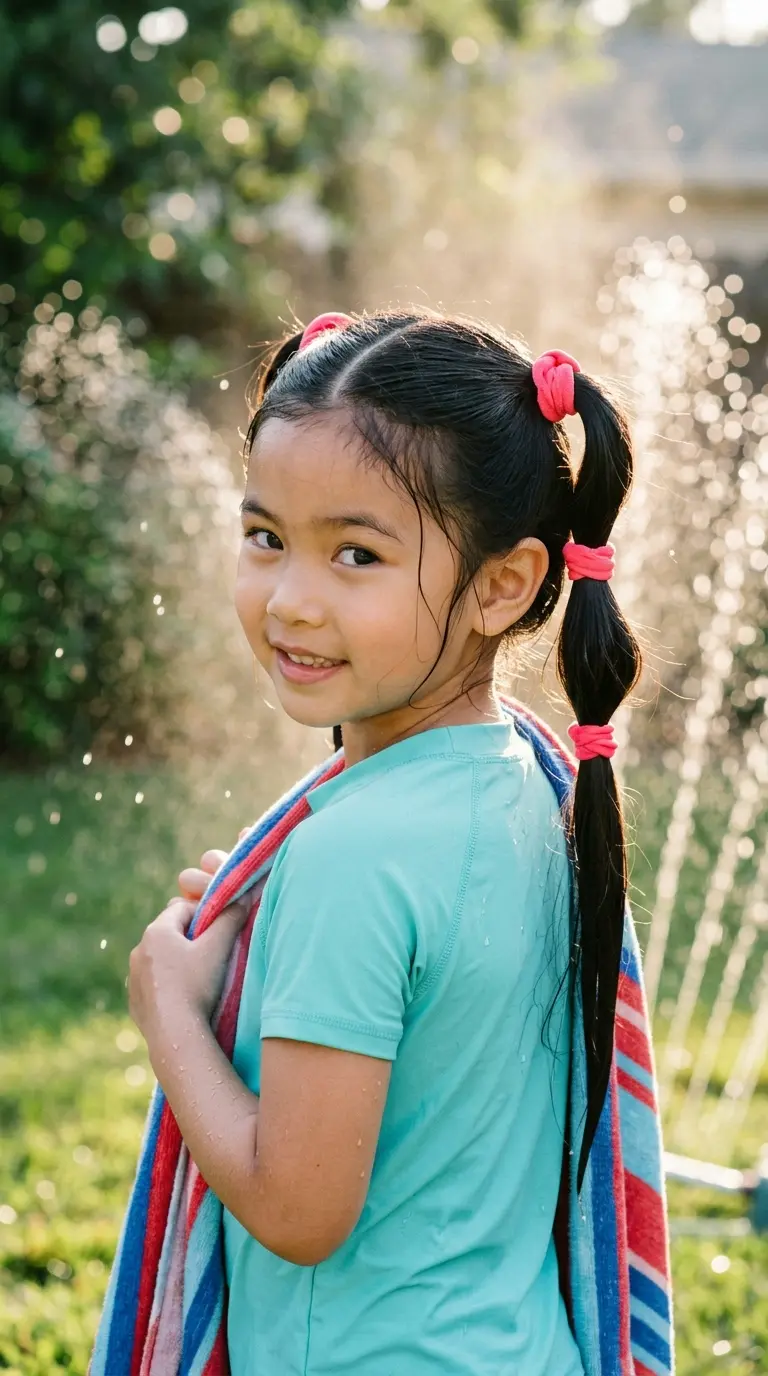 Back view with head turned showing a girl with two stacked pigtails on each side of her head