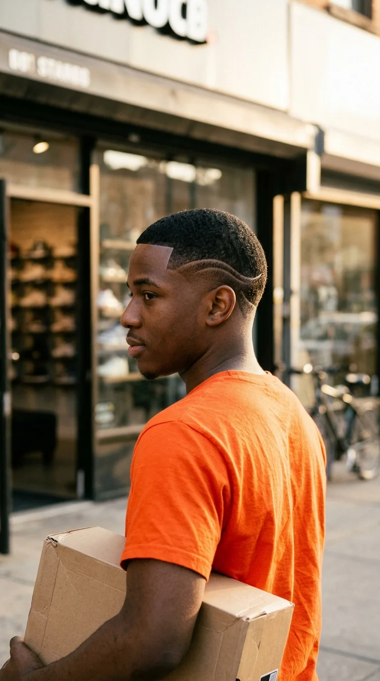 Three quarter back view of a Black man with a drop fade and a curved line design