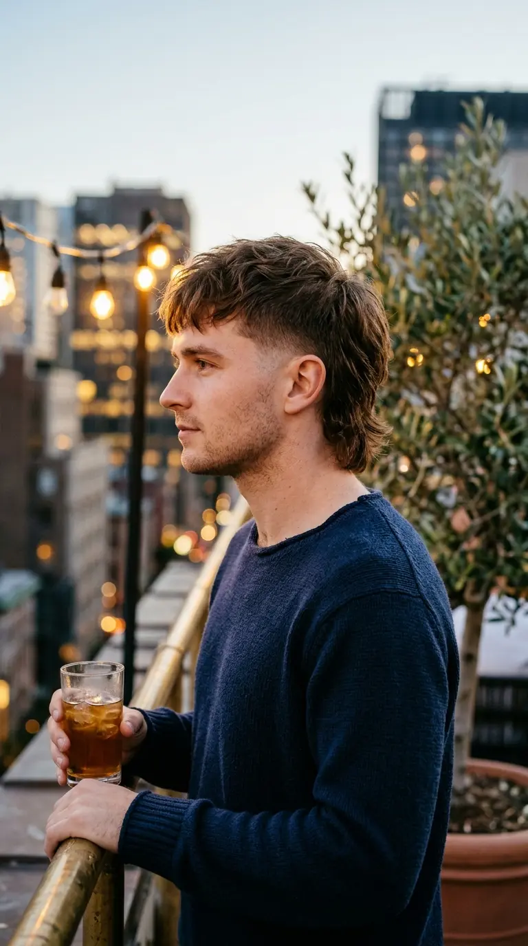 Side profile of a man with a drop fade mullet on a city rooftop