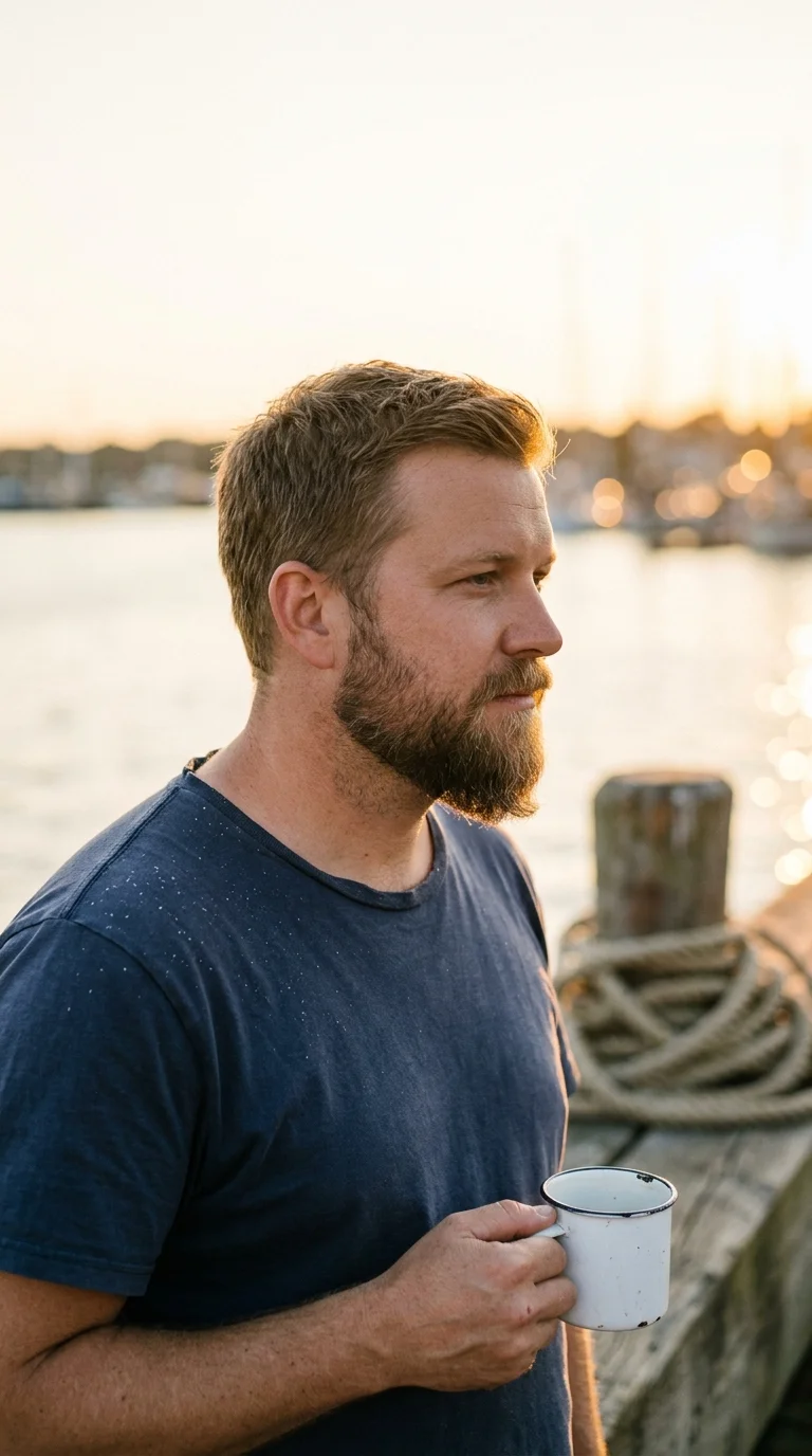 Three quarter view of a man with a ducktail beard tapering to a soft point