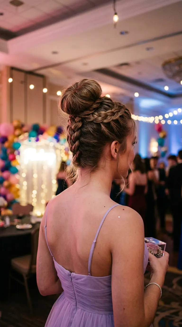 Back view of an upside down Dutch braid running up the back of the head into a high bun