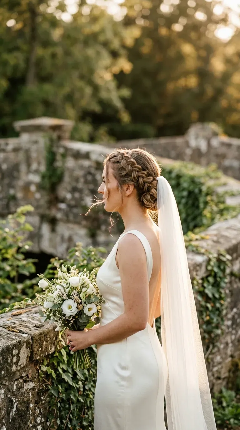 Side profile of a Dutch braid into a low bun with a cathedral veil