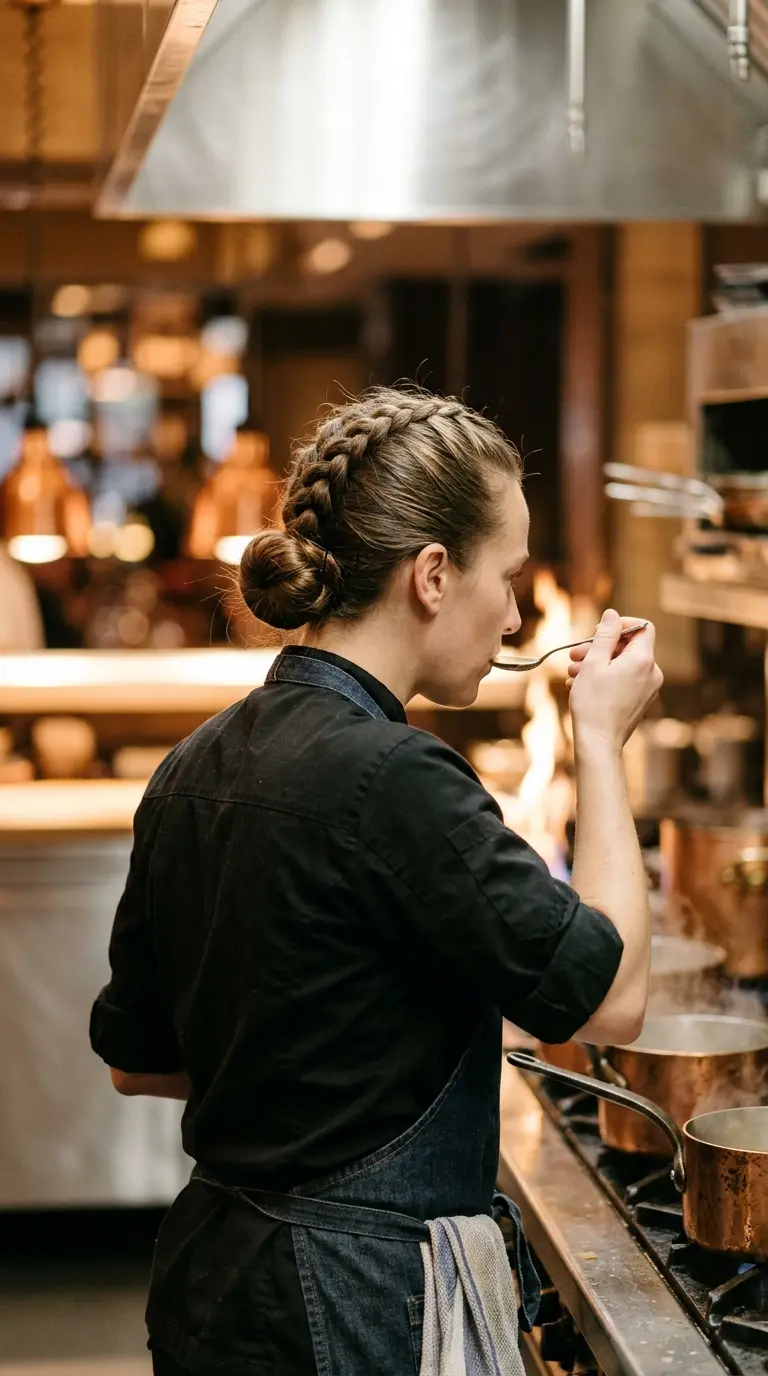 Three quarter back view of a chef with a Dutch braid leading into a low bun