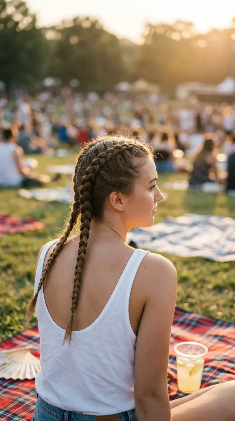 Three quarter back view of Dutch braid pigtails on a sunny concert lawn