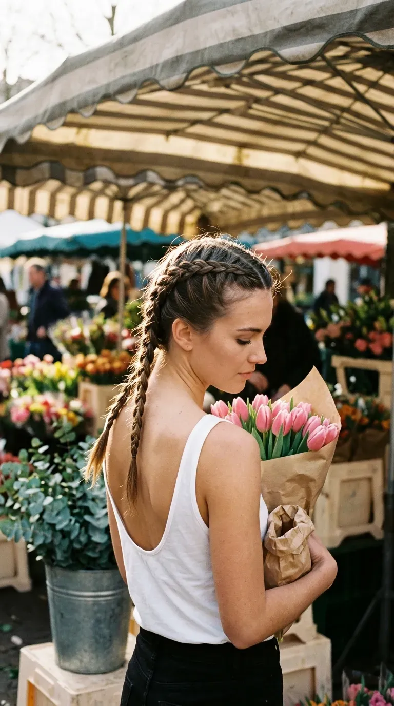 Three quarter back view of Dutch braid pigtails at an outdoor market