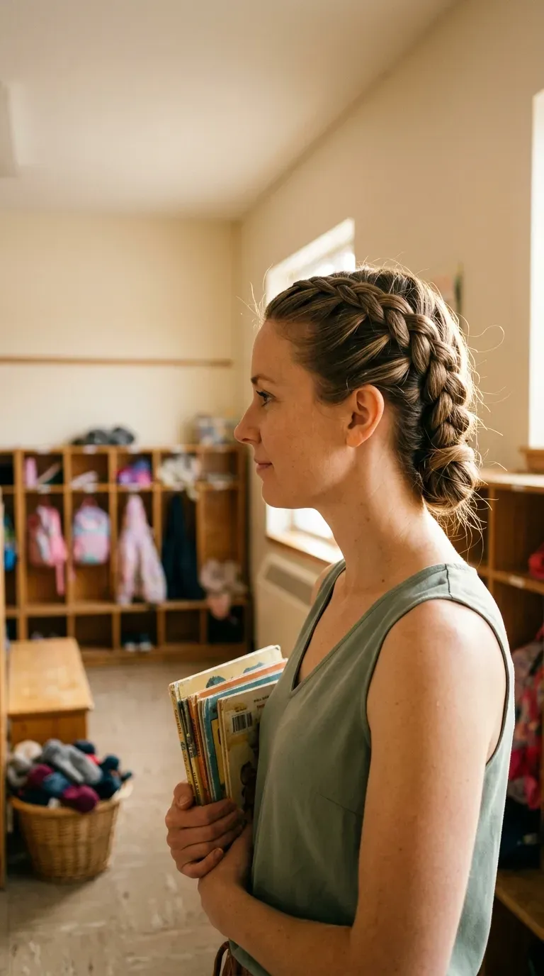 Side profile of a Dutch braid with a wrapped tail beside classroom cubbies