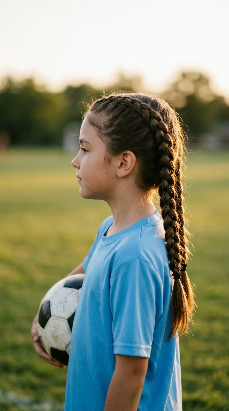 Side profile of a girl with two Dutch braided pigtails running from her hairline to her shoulders