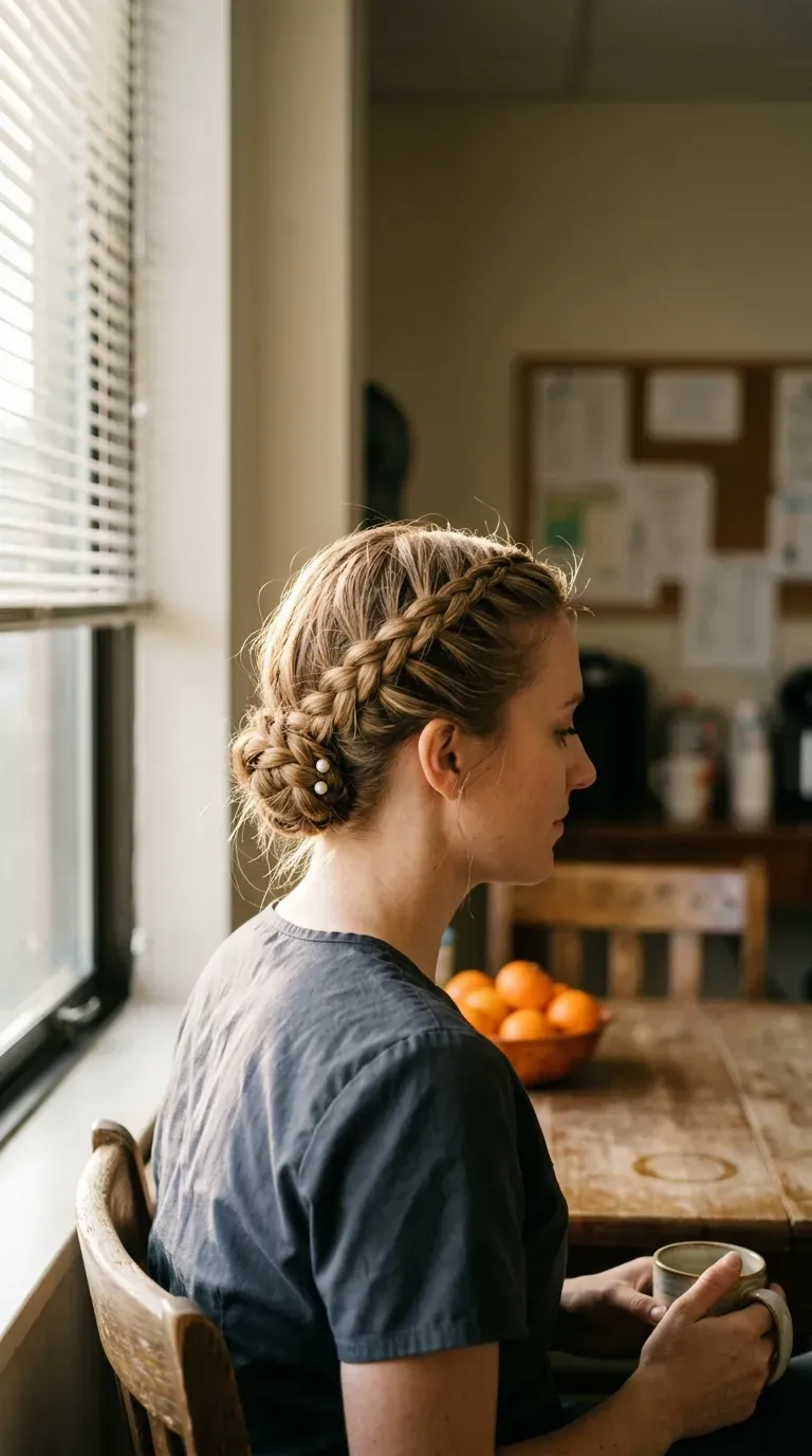 Side profile of two Dutch braids crossed into a knot beside a break room window