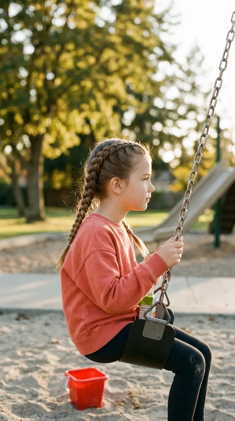 Side profile of a girl with two light brown Dutch braids at a park swing