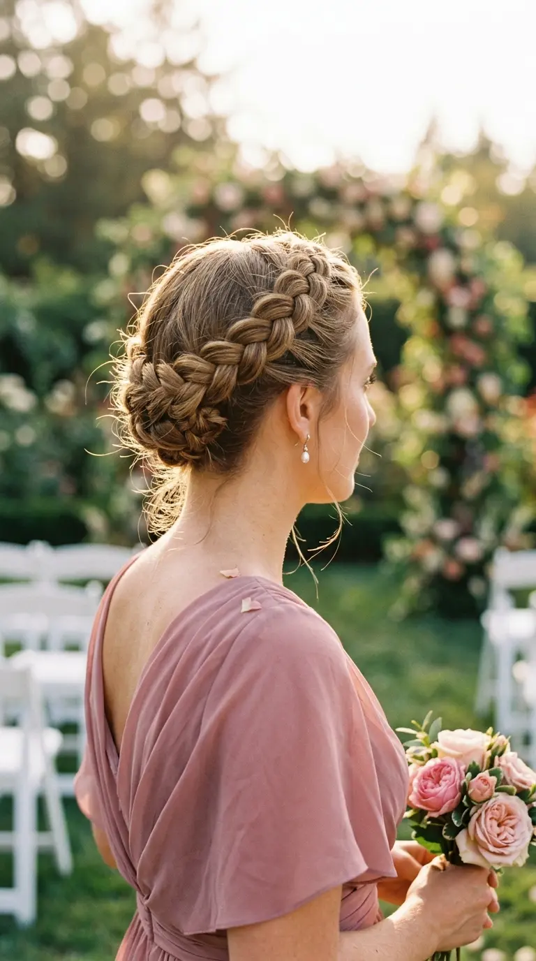 Three quarter view of a raised Dutch crown braid circling the head on long golden brown hair