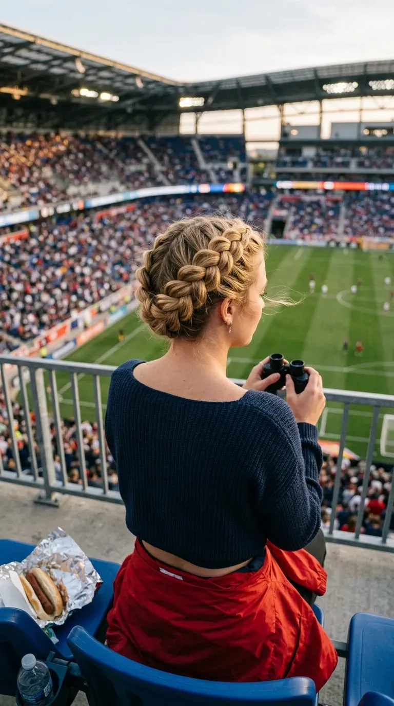 Dutch crown braid wrapped around the head in a windy upper deck