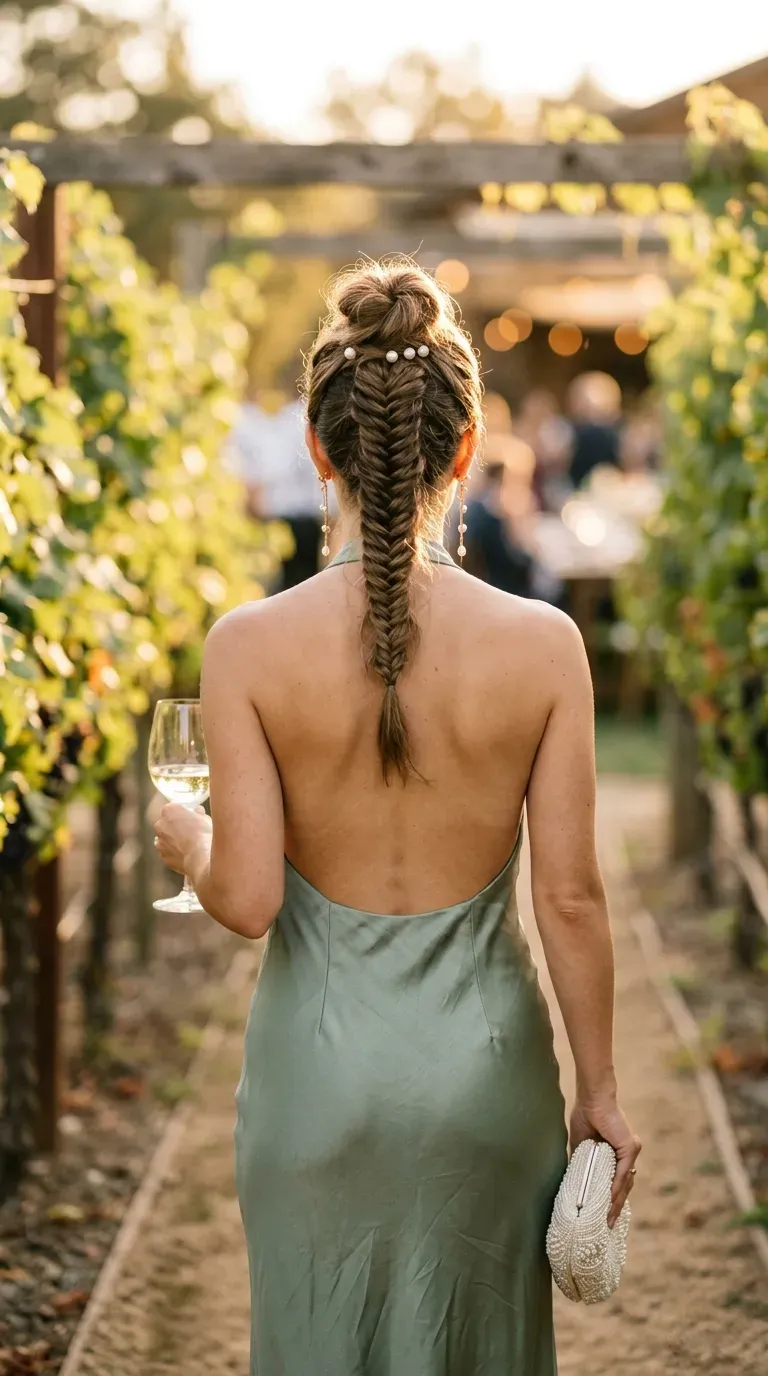 Raised Dutch fishtail braid running down the center of a long back at sunset