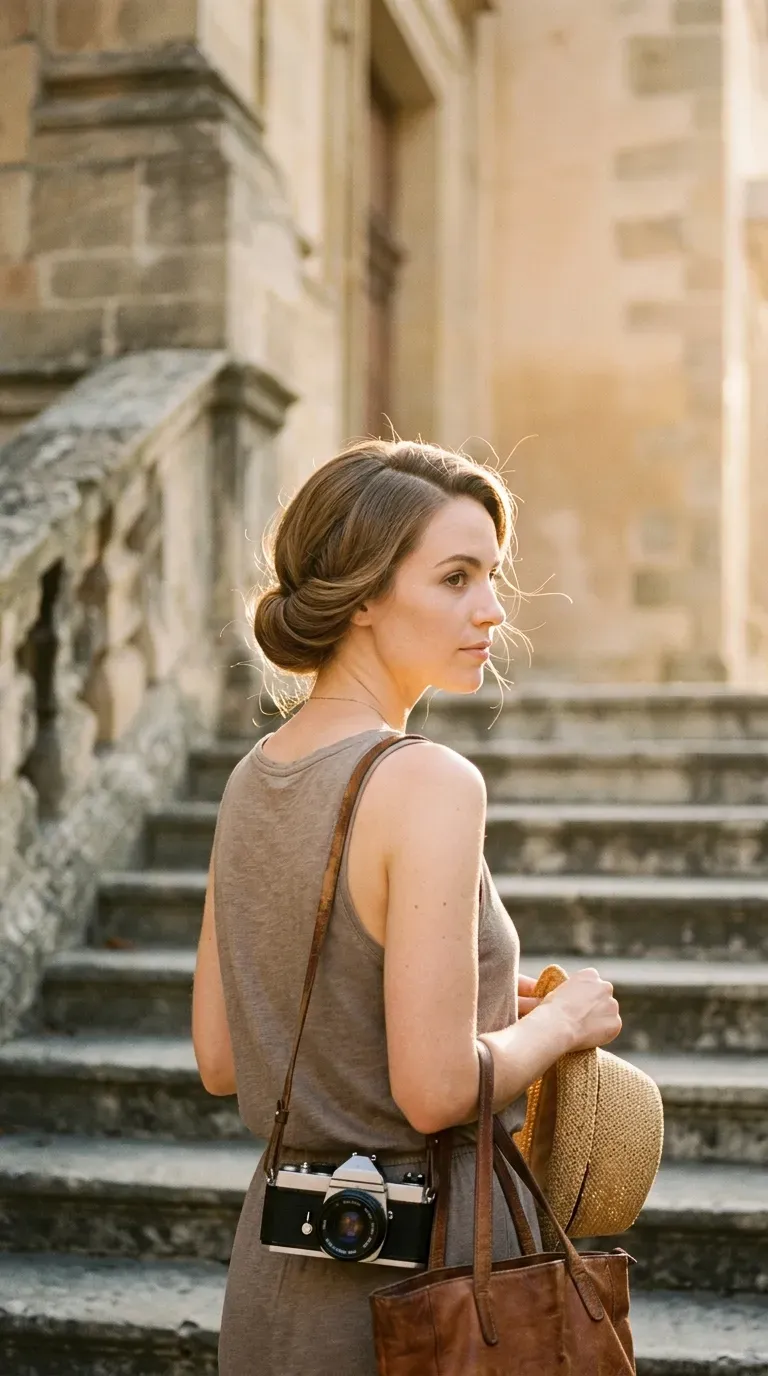 Over the shoulder view of a rolled under faux bob on medium hair