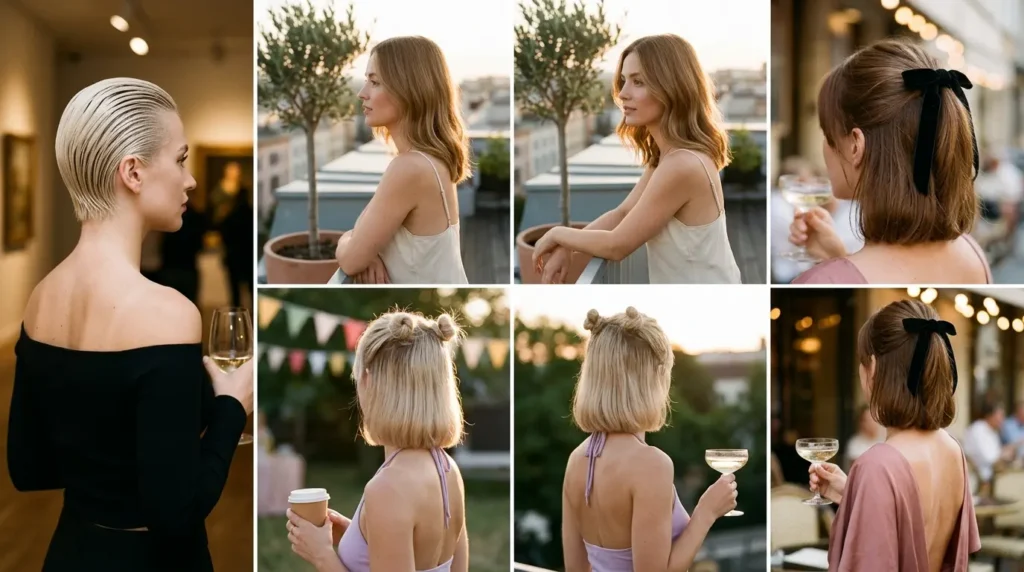Four photo collage of easy hairstyles for short hair shown front and back