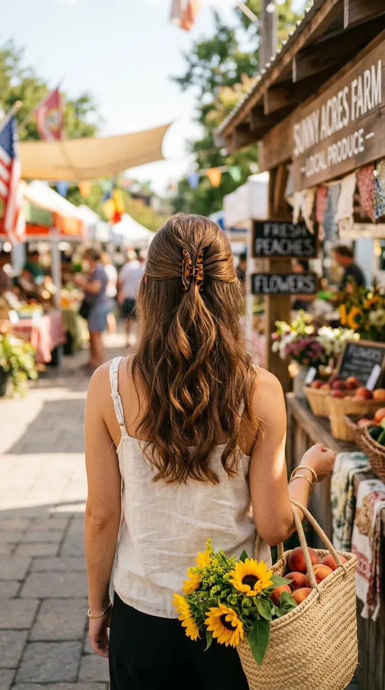 Back view of long brown hair in a half up twist held by tortoiseshell claw clip
