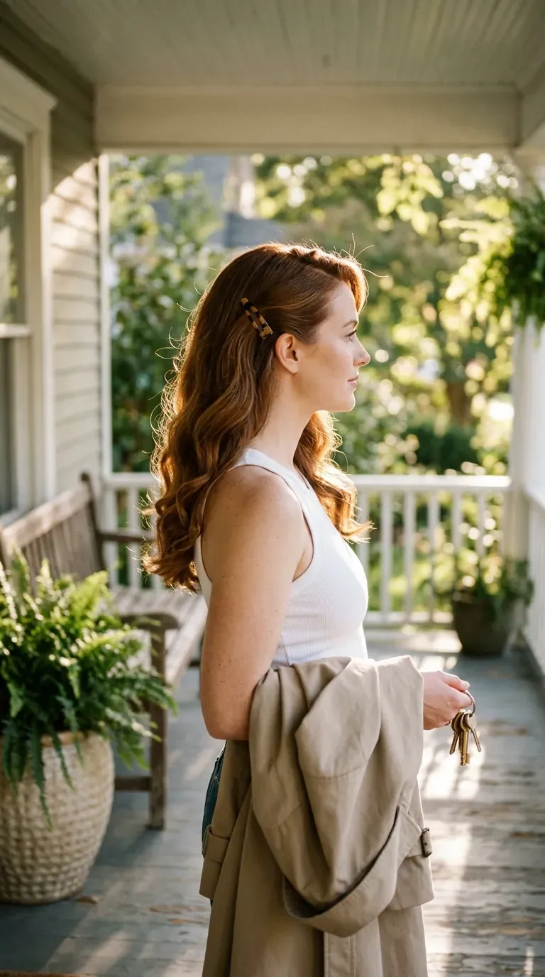 Three quarter view of a rope twist low ponytail on shoulder length hair