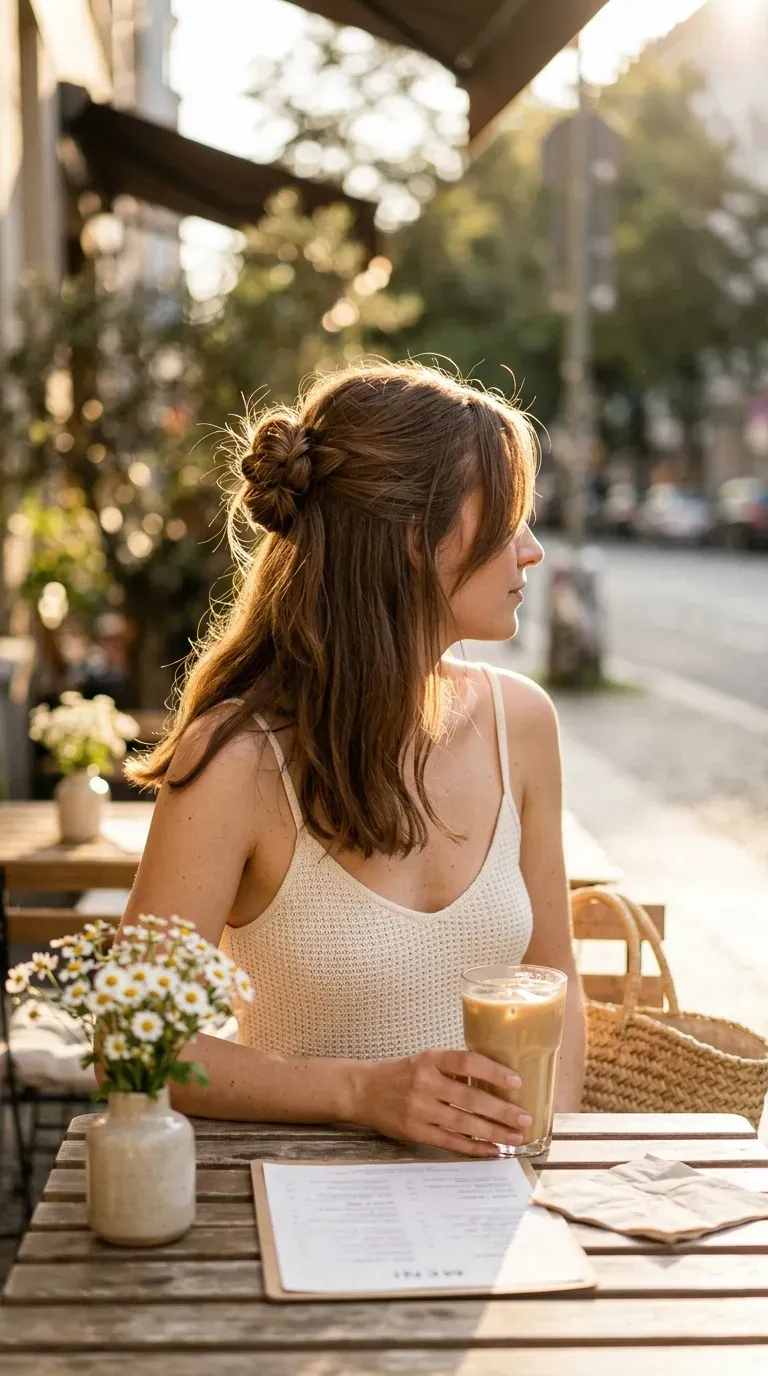Three quarter view of an easy hairstyle for medium hair with a twist knot