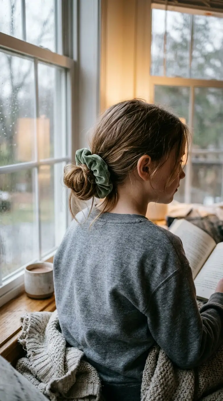 Three quarter back view of a girl’s messy low bun by a rainy window
