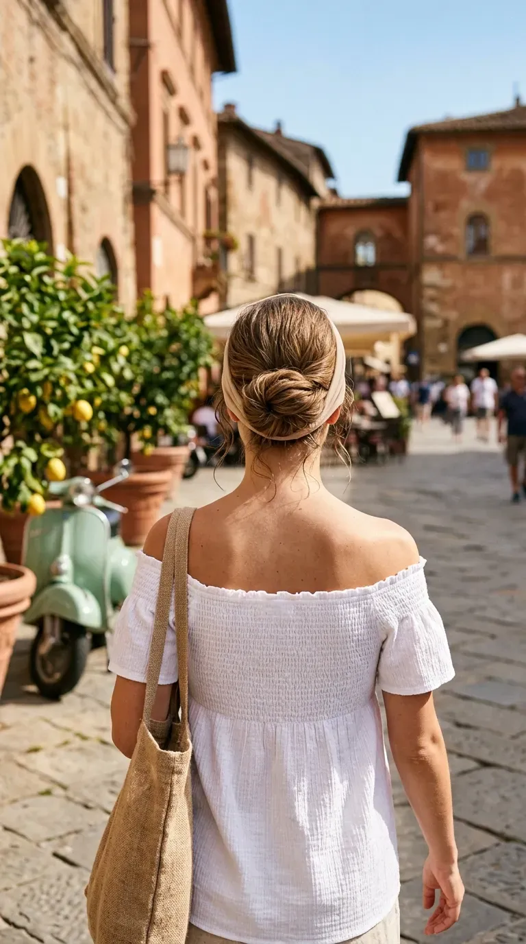 Long hair tucked around a stretchy headband into a low roll in a sunny piazza