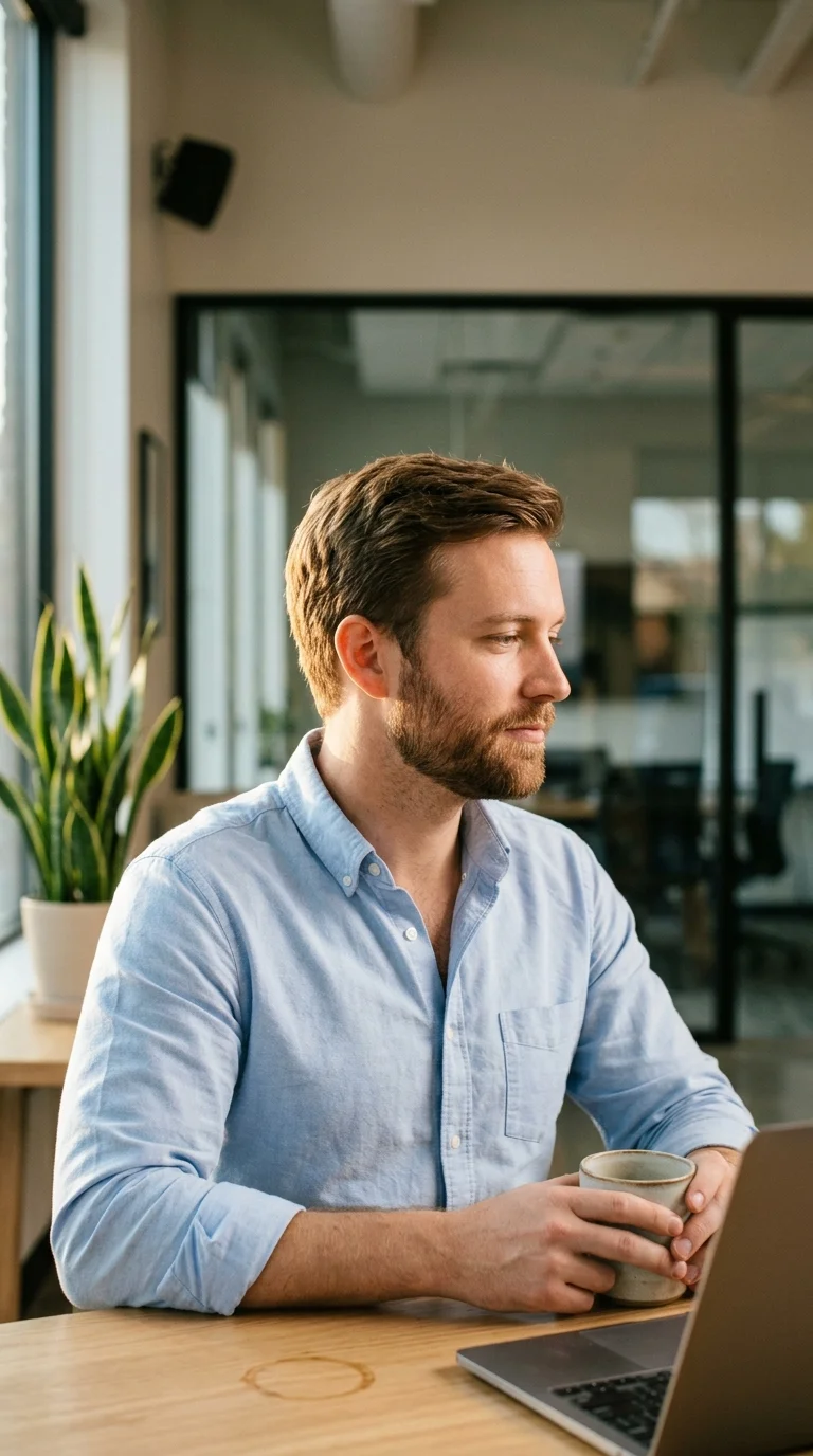 Three quarter view of a neat half inch office beard, among the easiest beard styles