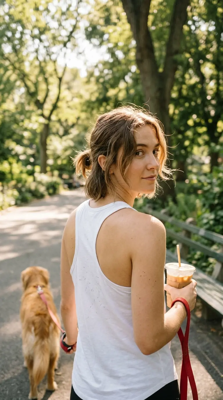 Over the shoulder view of easy short hair in a stubby low ponytail