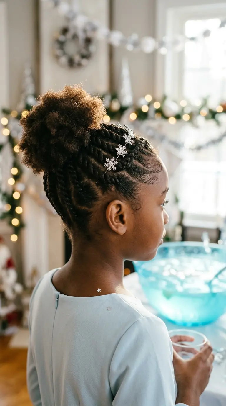 Three quarter back view of a Black girl with a flat twist crown and snowflake pins at a winter party
