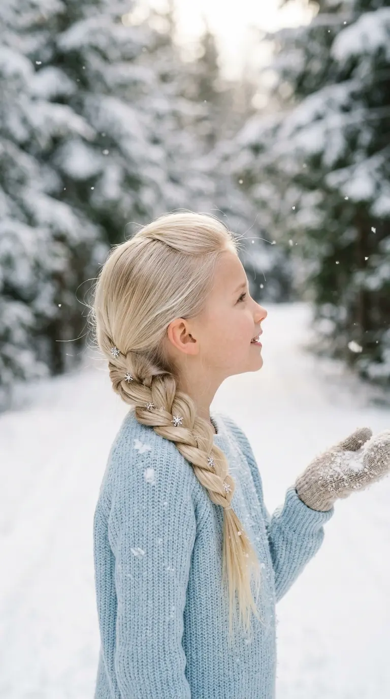 Three quarter front view of a girl with a loose platinum side braid and a swept back top on a snowy path
