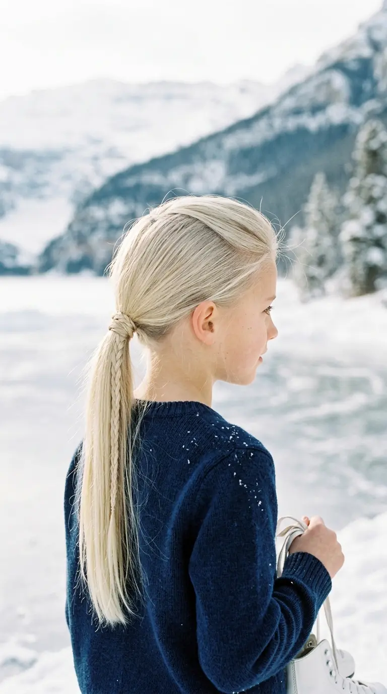Three quarter back view of a girl with a platinum low ponytail wrapped in a thin braid by a frozen lake
