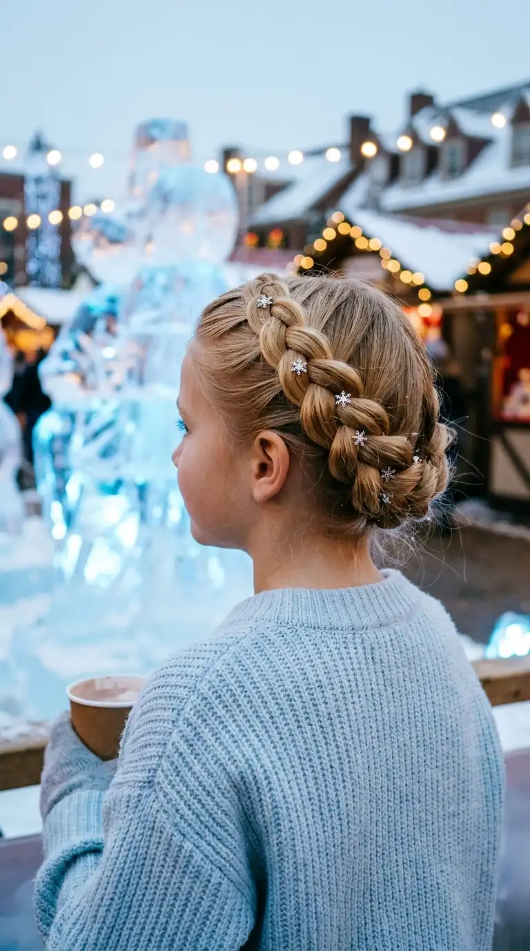 Three quarter back view of a girl with a braid wrapped around her whole head and silver snowflake pins at a winter festival