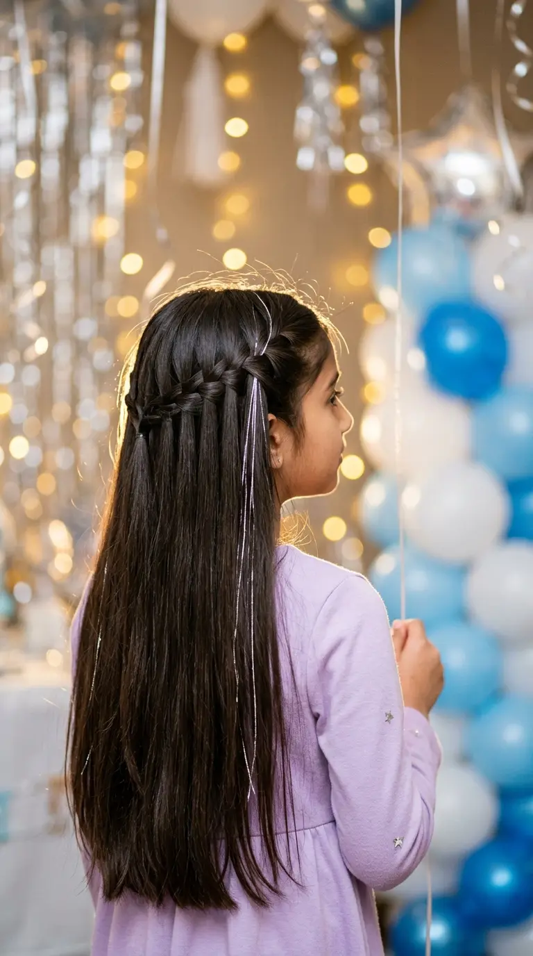 Three quarter back view of a girl with a waterfall braid and shimmering silver tinsel in long hair at an indoor party