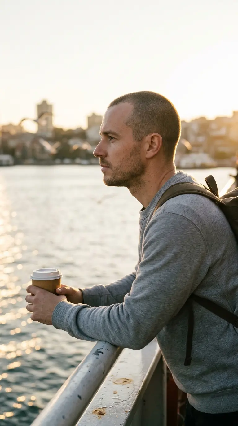 Side profile of an even buzz cut with a number 2 guard on a ferry