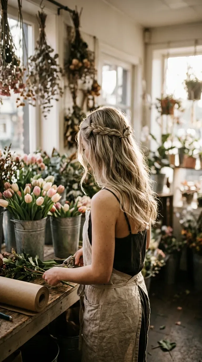 Back view of ash blonde hair with two thin face framing braids pinned back