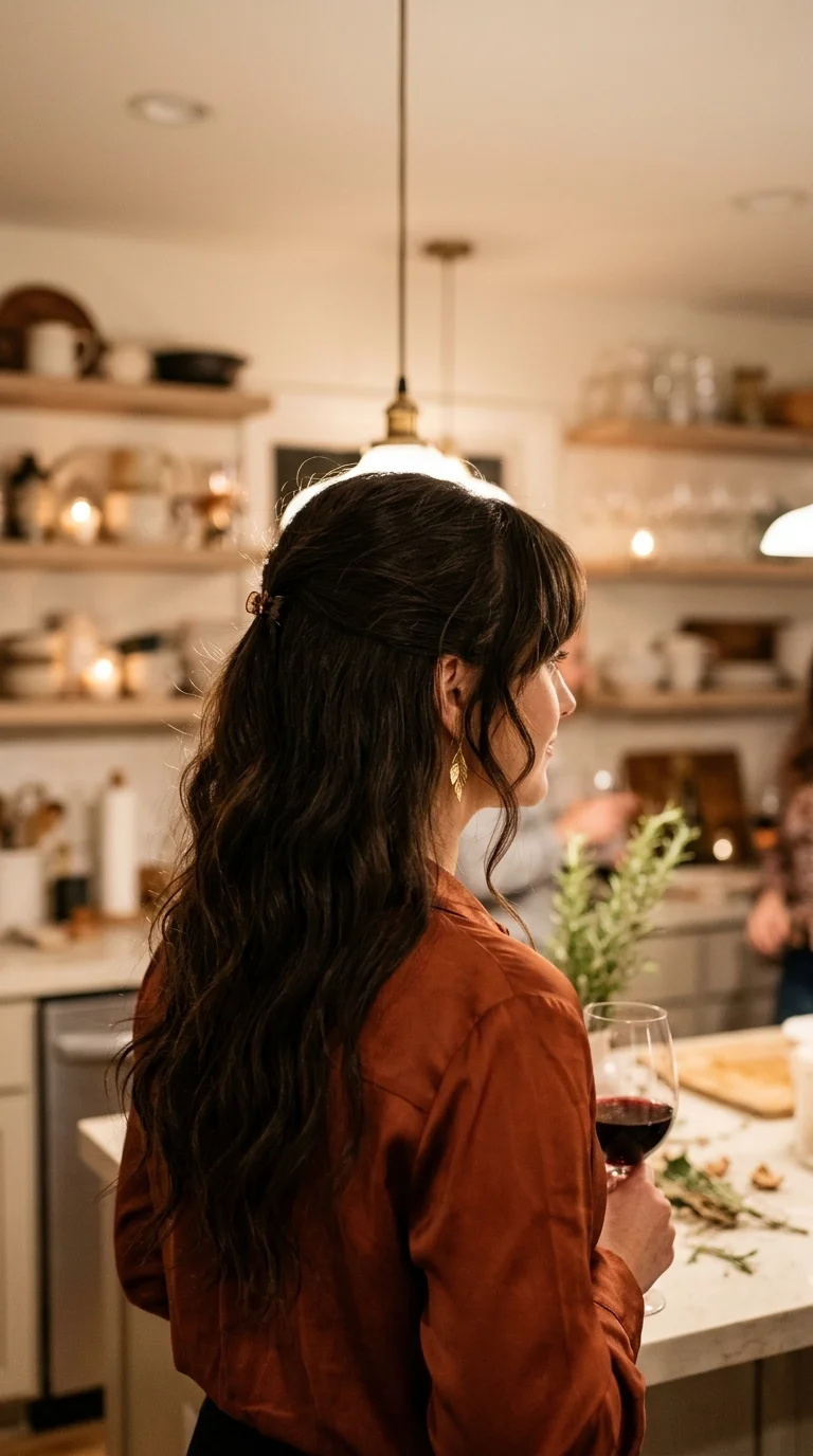 Three quarter view of a soft half up style with curtain bangs and two face framing pieces left loose