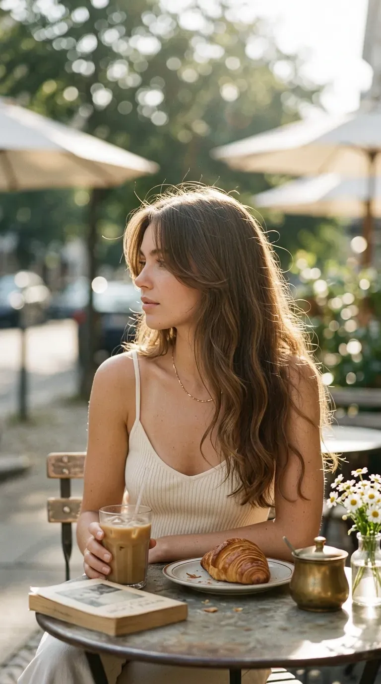 Three quarter view of soft face framing layers, one of many first date hairstyles