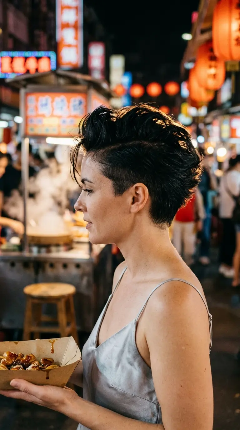 Side profile of a jet black faux hawk pixie with a lifted textured top