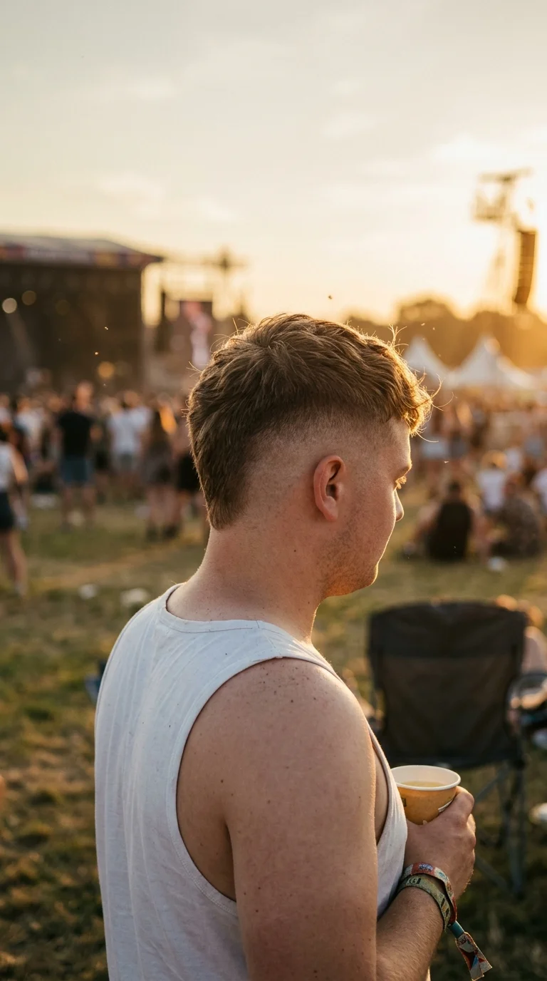 Three quarter back view of a faux hawk with skin fade at a music festival