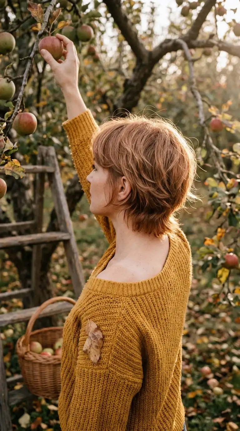 Three quarter back view of an auburn feathered ear length haircut outdoors