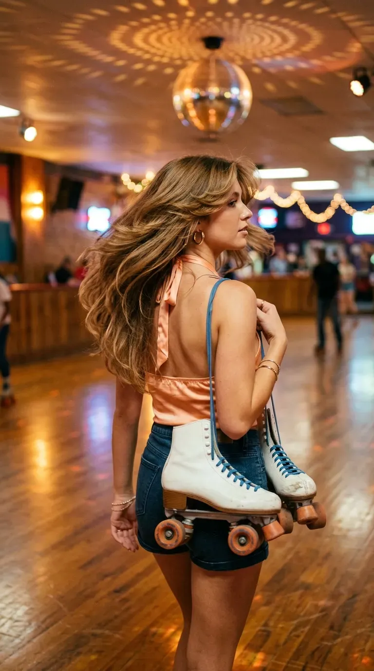 Honey brown long hair with feathered face framing blown back at a roller rink