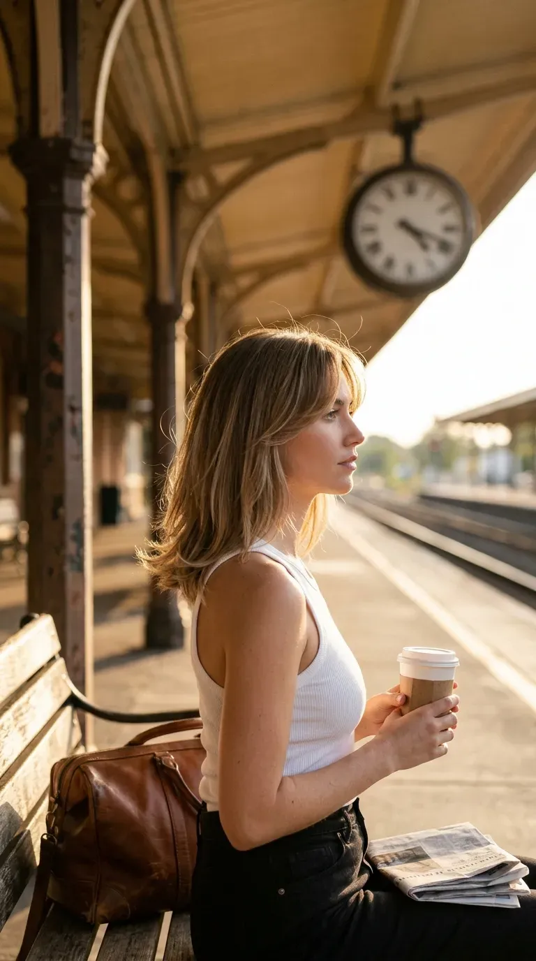 Side profile of a feathered lob with a middle part on a train platform