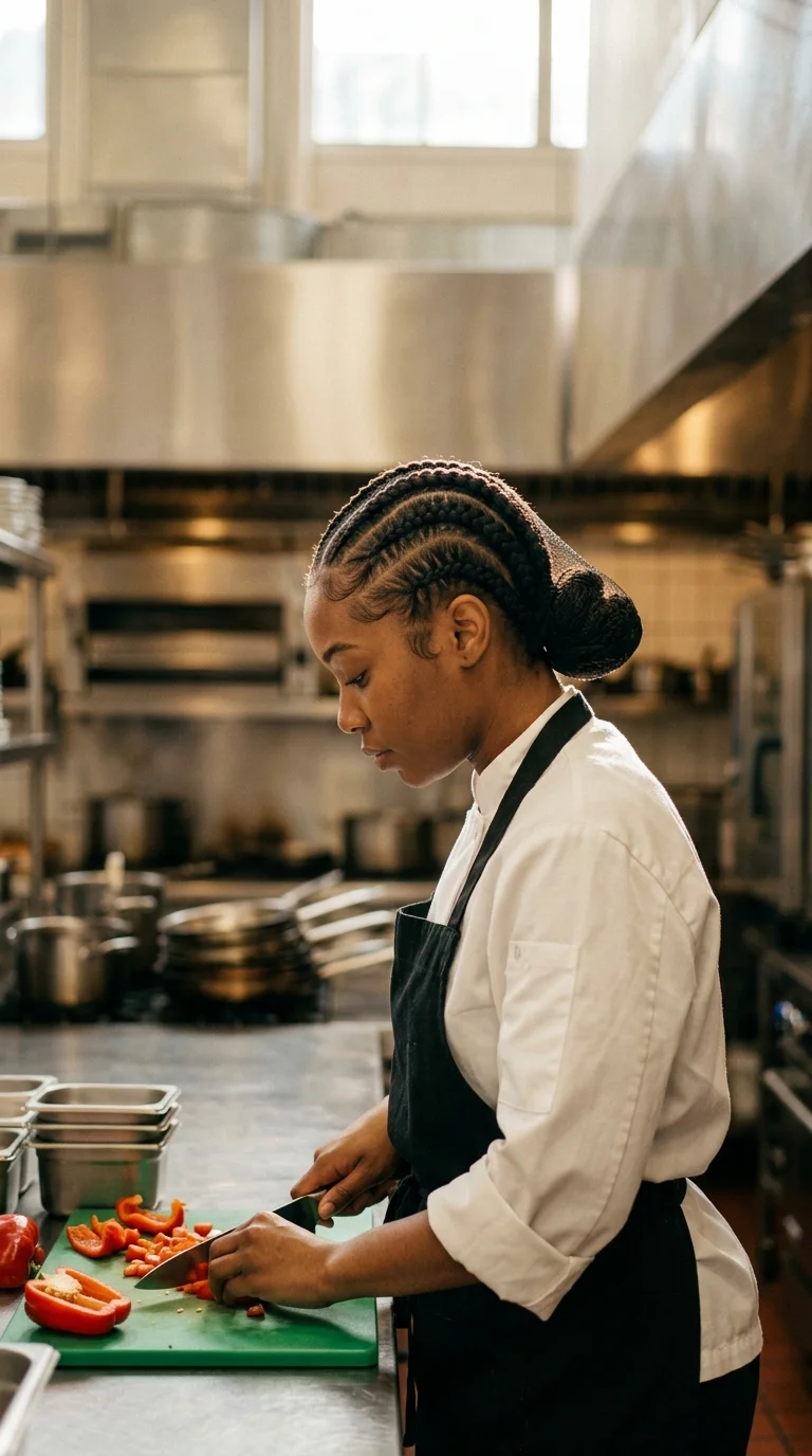 Side profile of a cook with neat straight back feed in cornrows