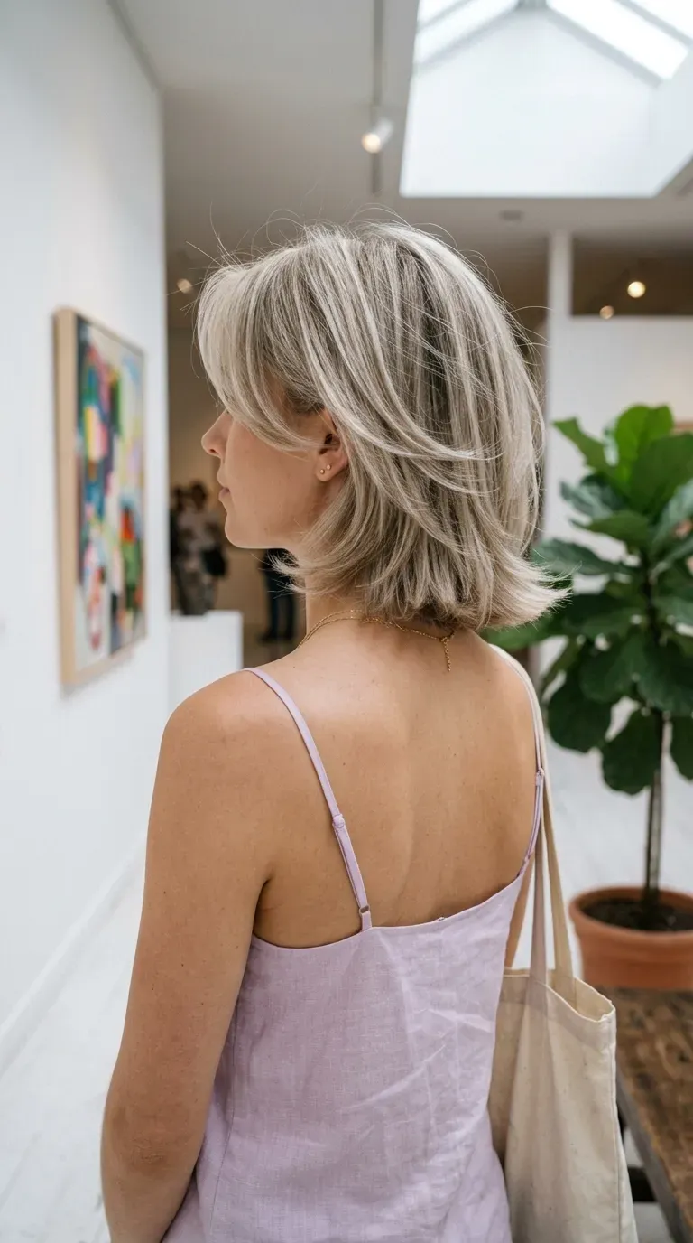 Fine ash blonde long hair with light butterfly layers and full ends in gallery
