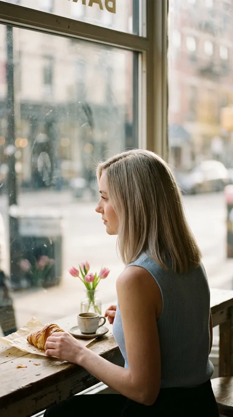 Side profile of fine blonde hair with long front layers inside a bakery cafe